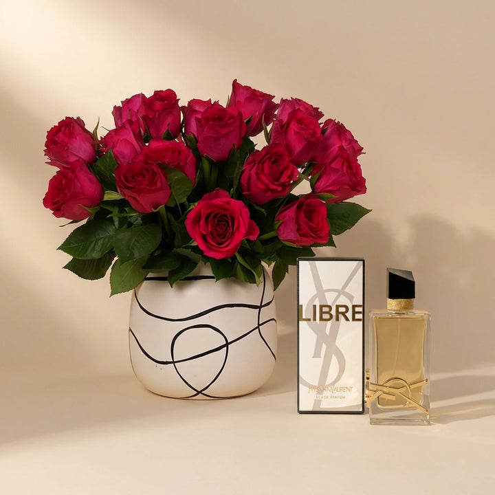 مجموعة هدايا ورود و عطر YSL Libre مع 18 وردة وردية داكنة