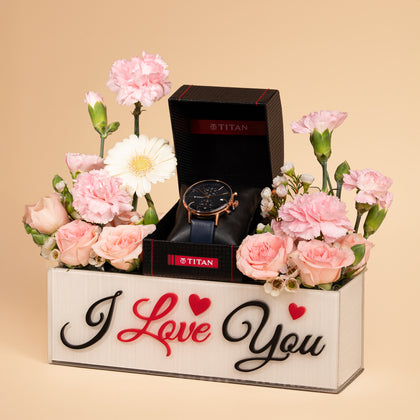 Titan Infinity Display Blue Dial Chronograph Leather Strap watch for Men Arranged In I Love You Box with Flowers