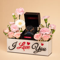 Titan Infinity Display Blue Dial Chronograph Leather Strap watch for Men Arranged In I Love You Box with Flowers