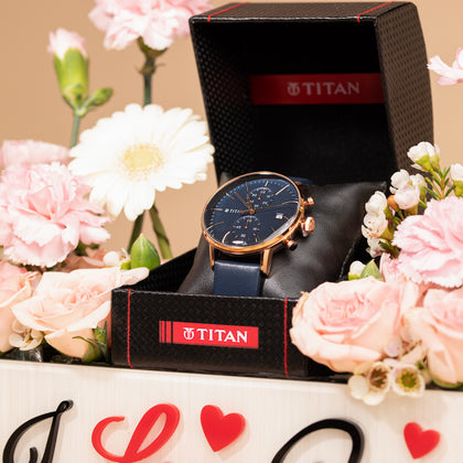 Titan Infinity Display Blue Dial Chronograph Leather Strap watch for Men Arranged In I Love You Box with Flowers