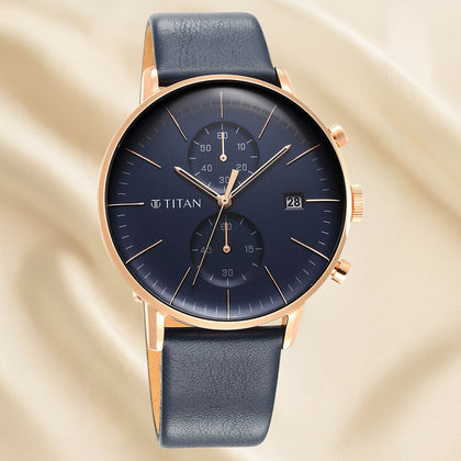 Titan Infinity Display Blue Dial Chronograph Leather Strap watch for Men Arranged In I Love You Box with Flowers
