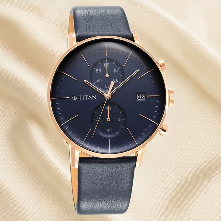 Titan Infinity Display Blue Dial Chronograph Leather Strap watch for Men Arranged In I Love You Box with Flowers