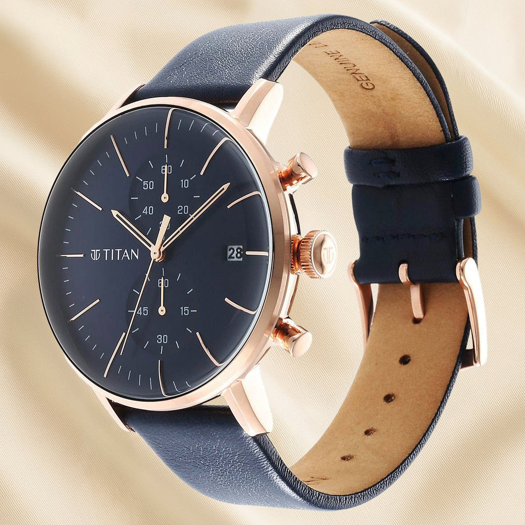 Titan Infinity Blue Dial Chronograph Watch with Leather Strap for Men - Elegance Redefined
