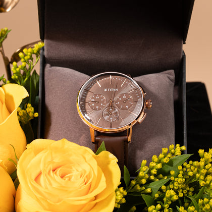 Titan Light Leather Multifunction Brown Dial Leather Strap Watch For Men With Yellow Charm