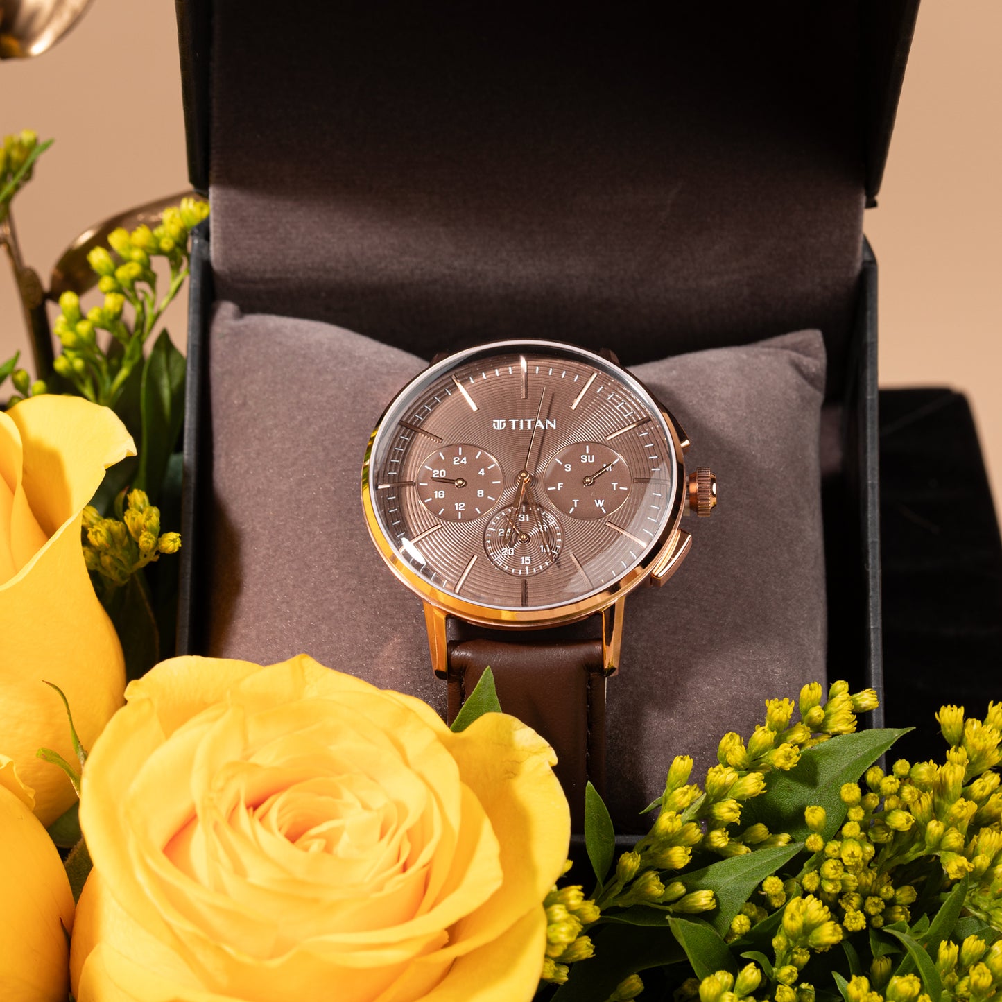Titan Light Leather Multifunction Brown Dial Leather Strap Watch For Men With Yellow Charm