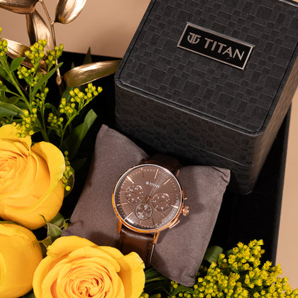 Titan Light Leather Multifunction Brown Dial Leather Strap Watch For Men With Yellow Charm