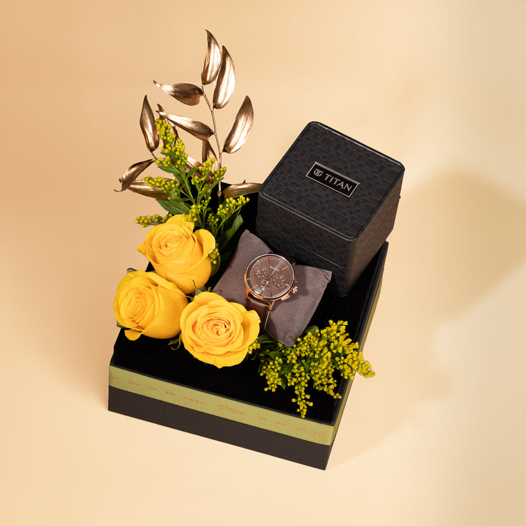 Titan Light Leather Multifunction Brown Dial Watch with Yellow Rose Charm for Men
