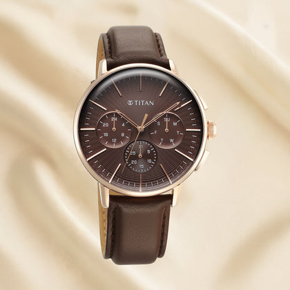 Titan Light Leather Multifunction Brown Dial Leather Strap Watch For Men With Yellow Charm