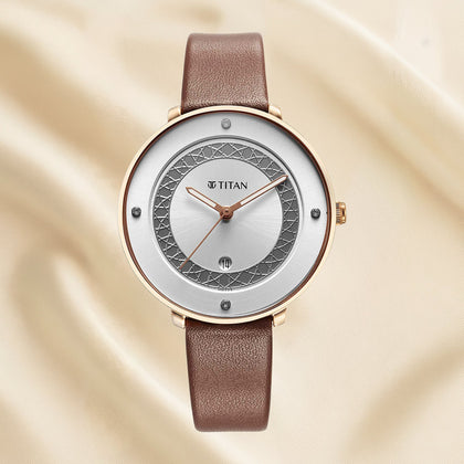 Titan Marhaba Women's Analog Watch with Silver-White Dial and Leather Strap