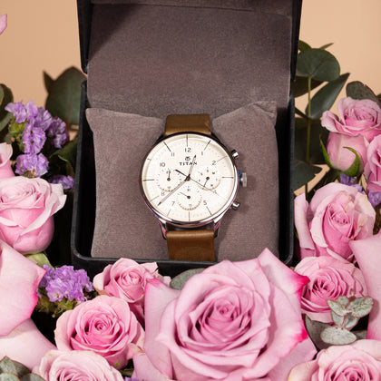 Titan On Trend White Dial Quartz Multifunction Leather Strap watch for Men With Lovely Roses