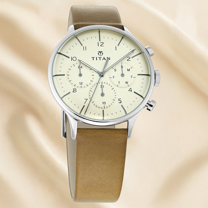 Titan On Trend White Dial Quartz Multifunction Leather Strap watch
