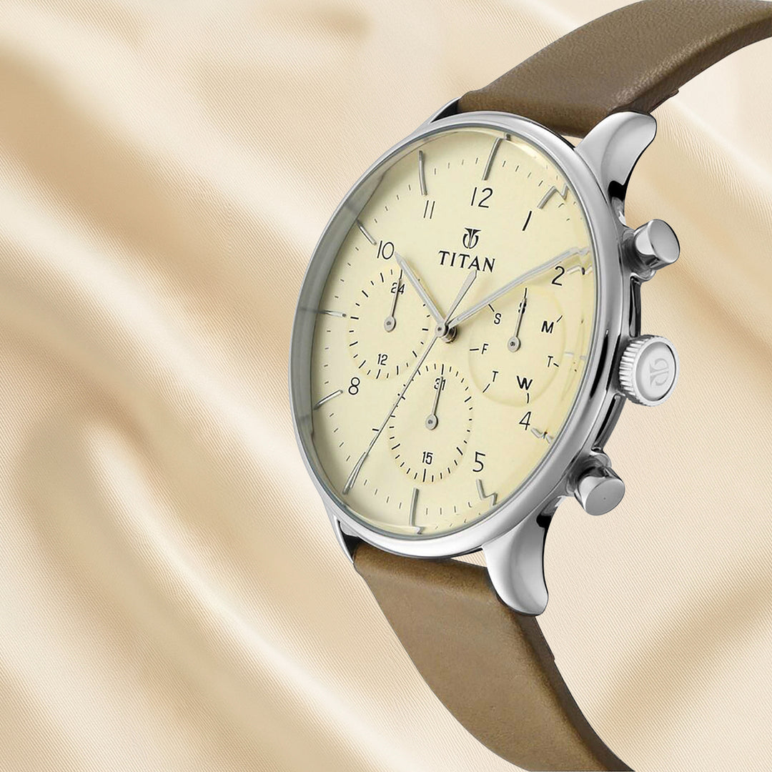 Titan On Trend Men's White Dial Quartz Multifunction Leather Strap Watch - Elegant and Functional