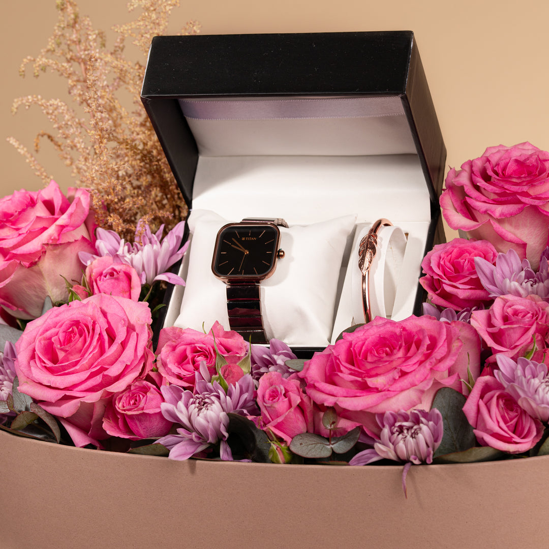 Titan Purple Stackables Quartz Analog Watch with Black Dial and Floral Gift Box