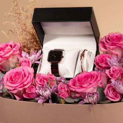 Titan Purple Stackables Quartz Analog Black Dial With Flowers in a Box