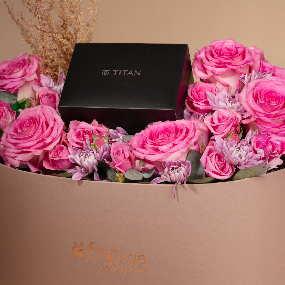 Titan Purple Stackables Quartz Analog Watch with Black Dial and Floral Gift Box