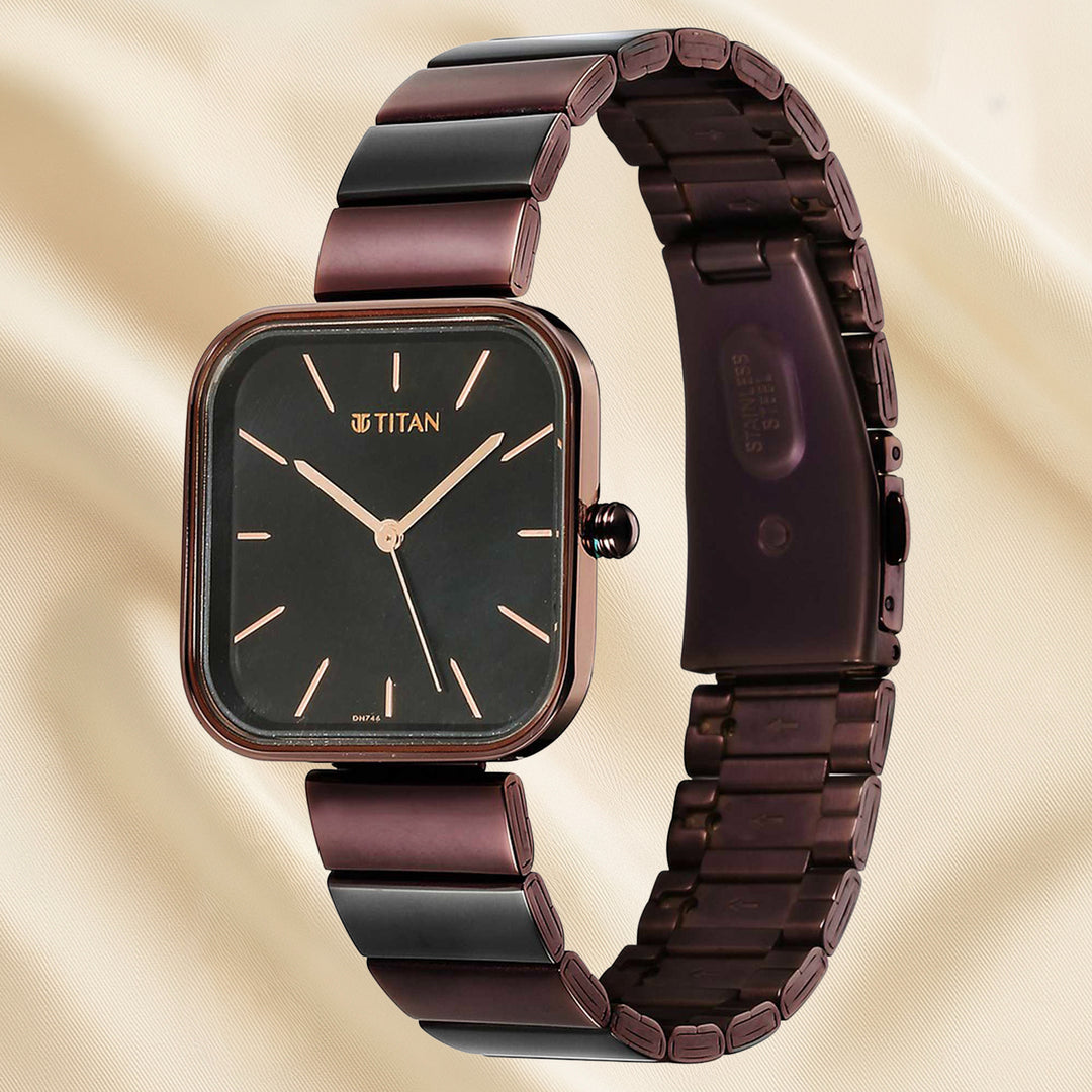 Titan Purple Stackables Quartz Analog Watch with Black Dial and Floral Gift Box