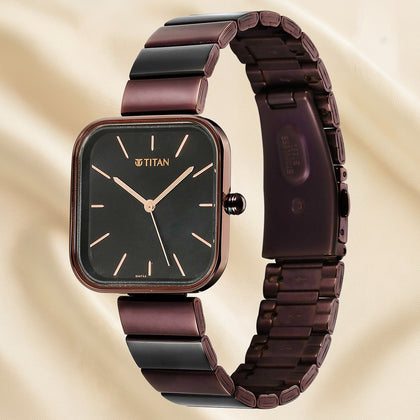 Titan Purple Stackables Quartz Analog Black Dial With Flowers in a Box
