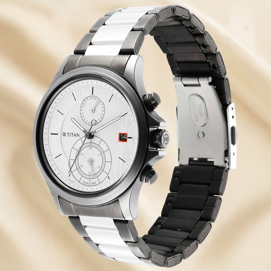 Titan Quartz Analog Men's Watch with Silver Dial and Stainless Steel Strap, Presented in an Elegant Floral Arrangement
