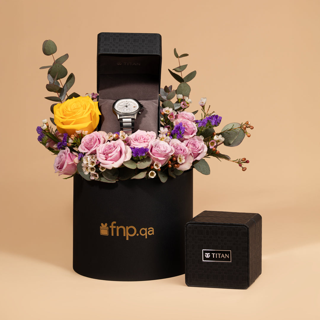 Titan Quartz Analog Men's Watch with Silver Dial and Stainless Steel Strap, Presented in an Elegant Floral Arrangement