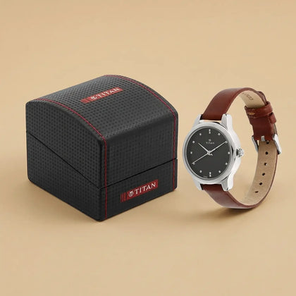 Titan Workwear Women's Quartz Watch - Black Dial & Brown Leather Strap