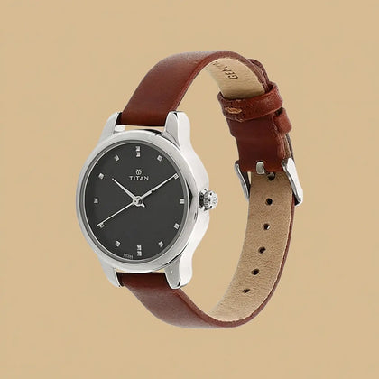 Titan Workwear Women's Quartz Watch - Black Dial & Brown Leather Strap