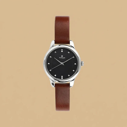 Titan Workwear Women's Quartz Watch - Black Dial & Brown Leather Strap