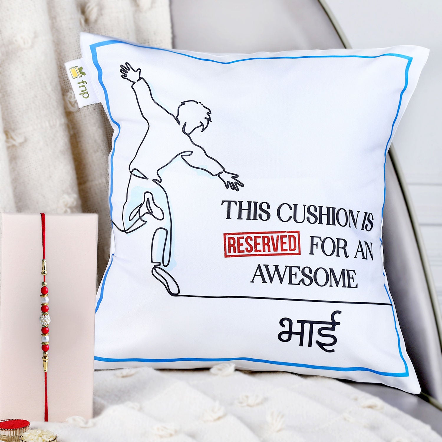 Traditional Pearls Rakhi N Awesome Bhai Cushion Combo