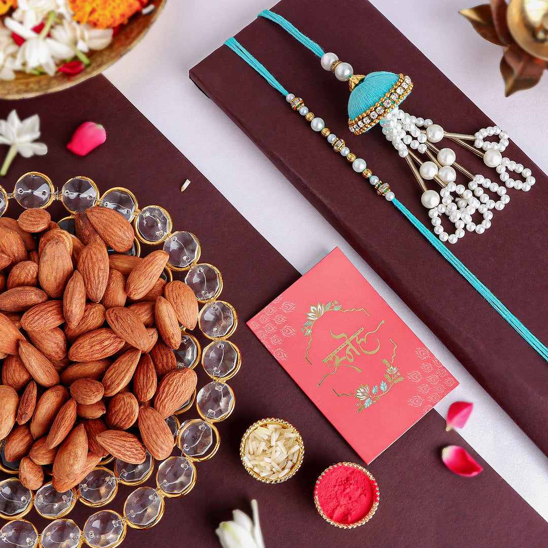 مجموعة راخي اللؤلؤ الأنيقة باللون الأزرق الهادئ مع لوز لذيذ