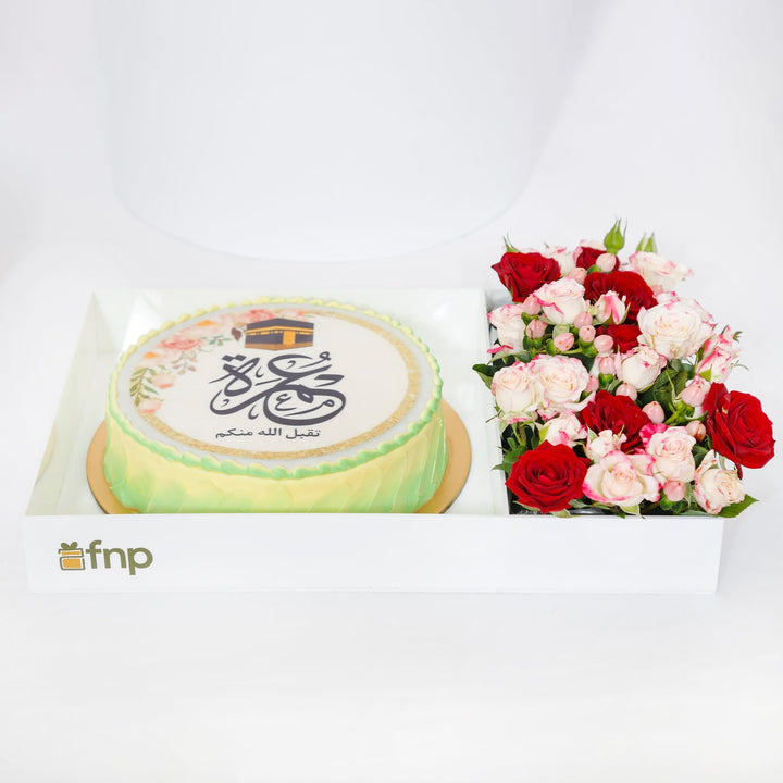 Elegant Umrah Mubarak Flower & Cake Gift Combo - Perfect Celebration Package