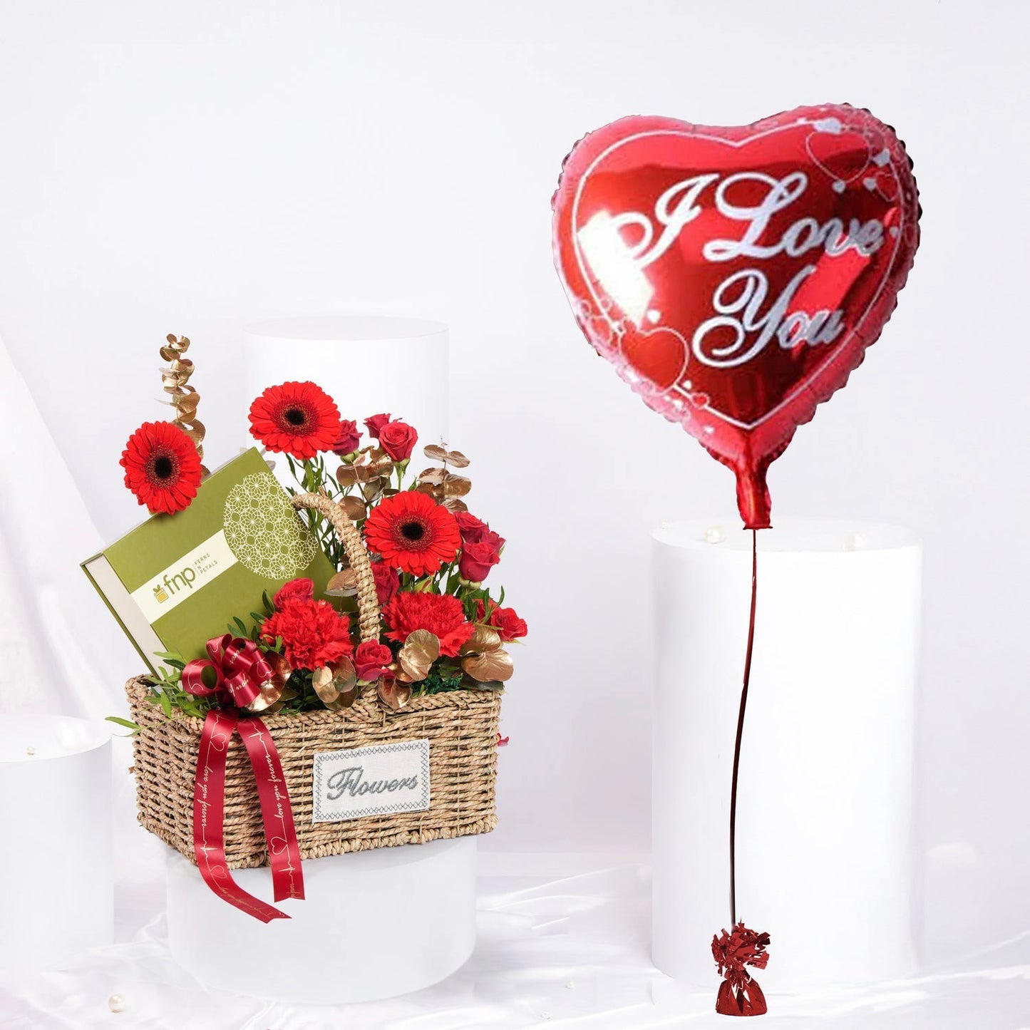 Exquisite Valentine Combo: Flower Basket, Luxury Belgian Chocolates & Heart Balloon