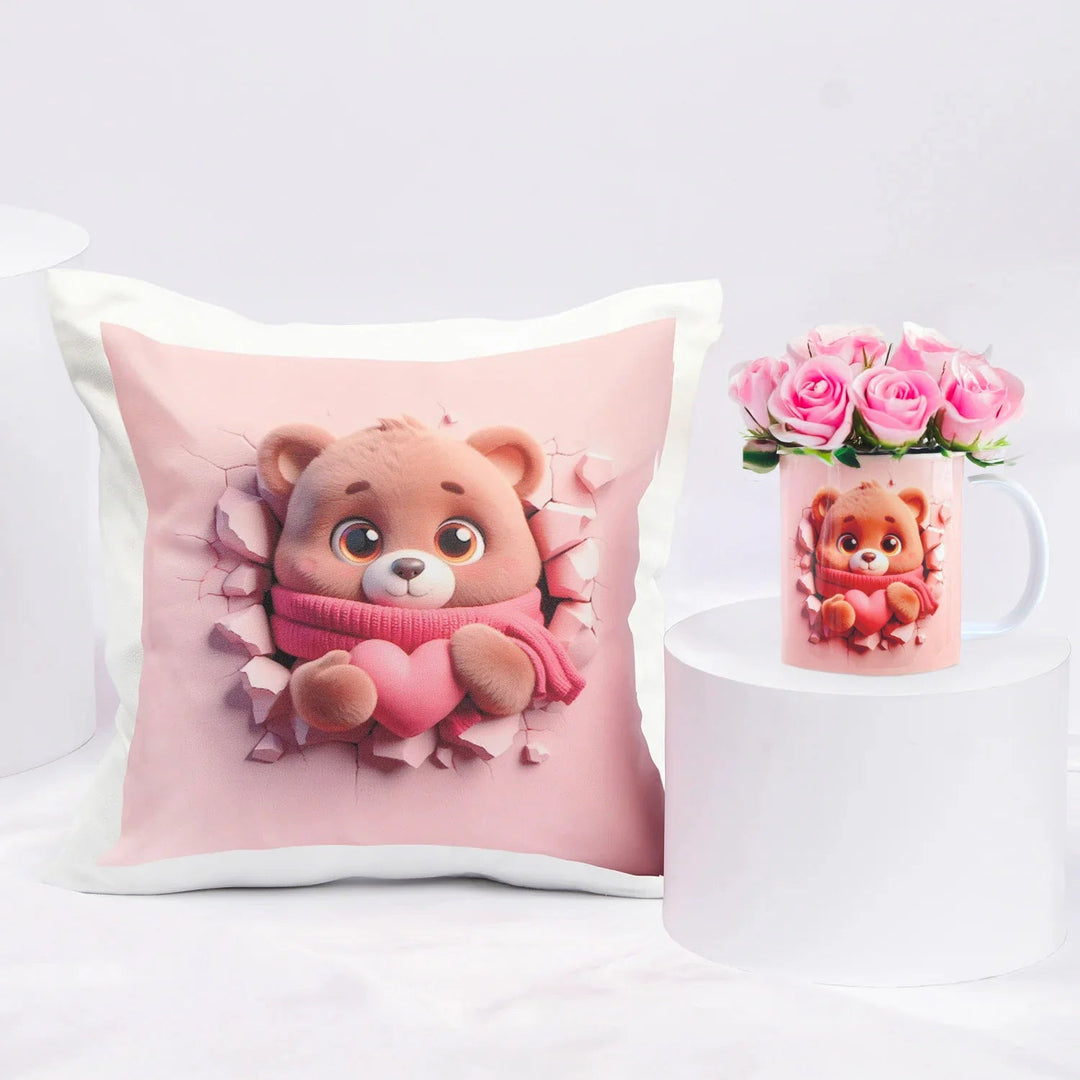 مجموعة وسادة ومج قطنية مع ورود وردية