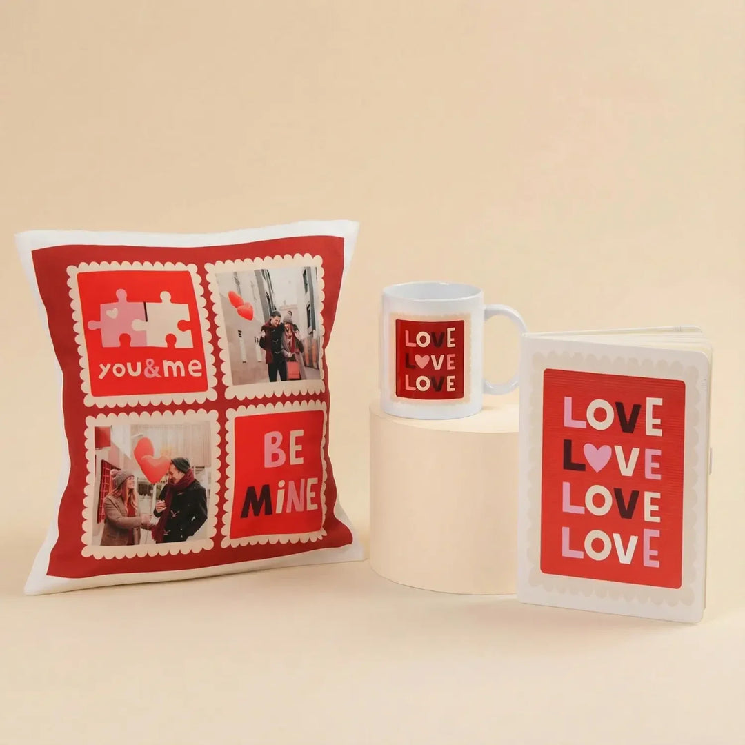 Deluxe Valentine Gift Set: Personalized Cushion, Mug & Notebook