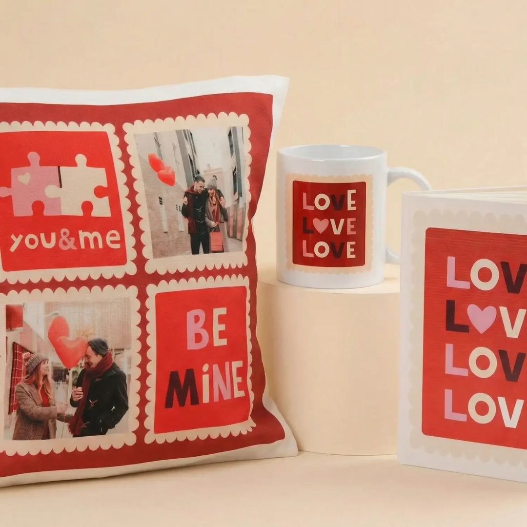 Deluxe Valentine Gift Set: Personalized Cushion, Mug & Notebook