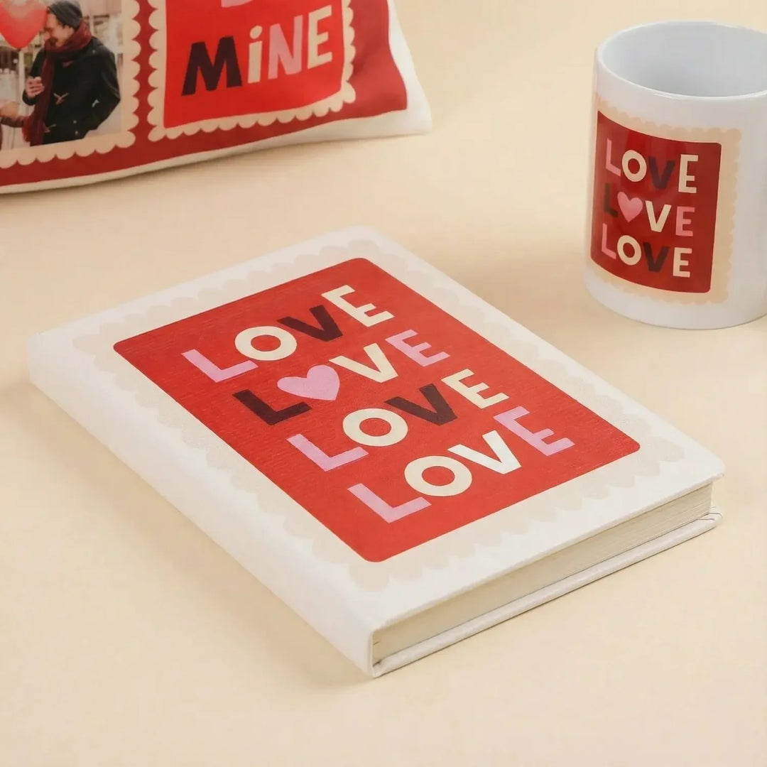 Deluxe Valentine Gift Set: Personalized Cushion, Mug & Notebook