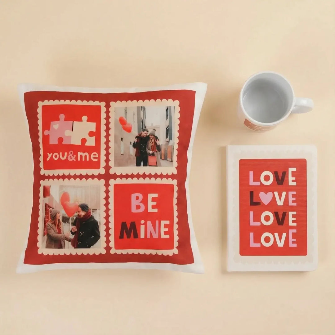 Deluxe Valentine Gift Set: Personalized Cushion, Mug & Notebook