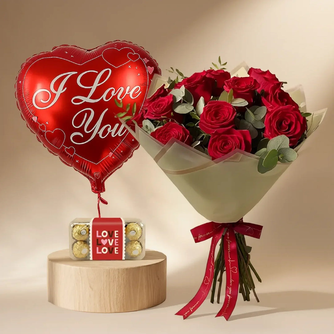 Ultimate Valentine Romance Combo: Roses, Balloon & Chocolates
