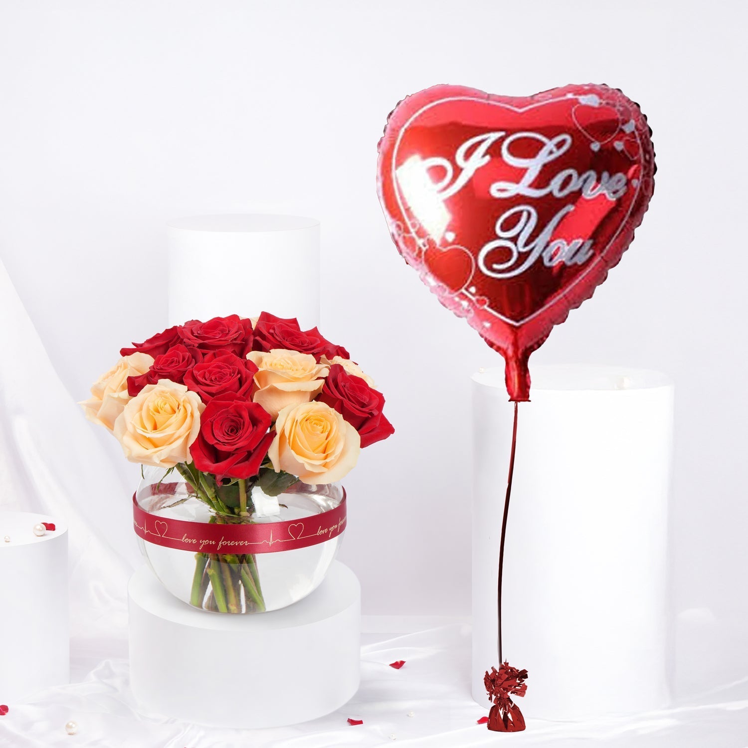 Valentine Rose Bowl N Heart Balloon Combo
