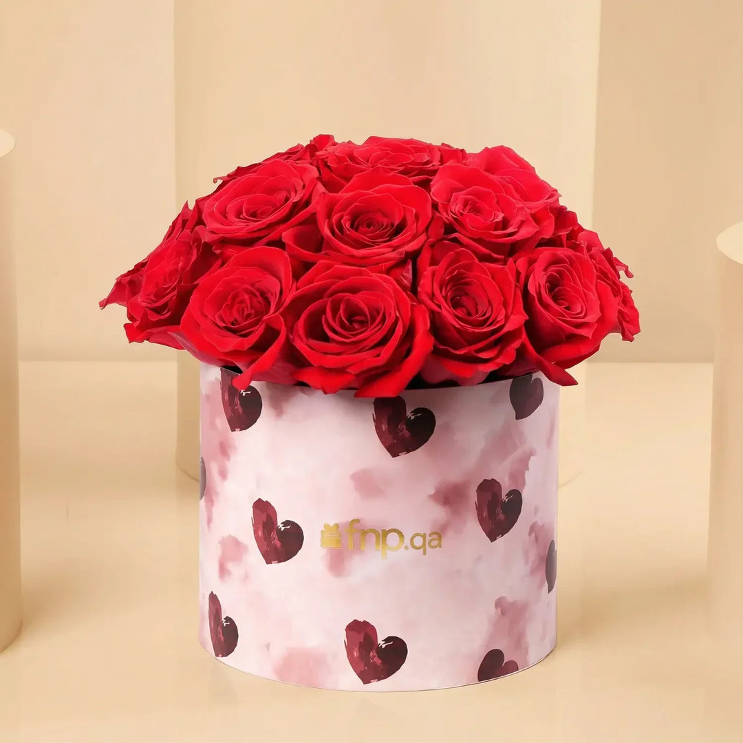 Romantic Red Roses in Heart-Printed Round Box for Valentine's Day