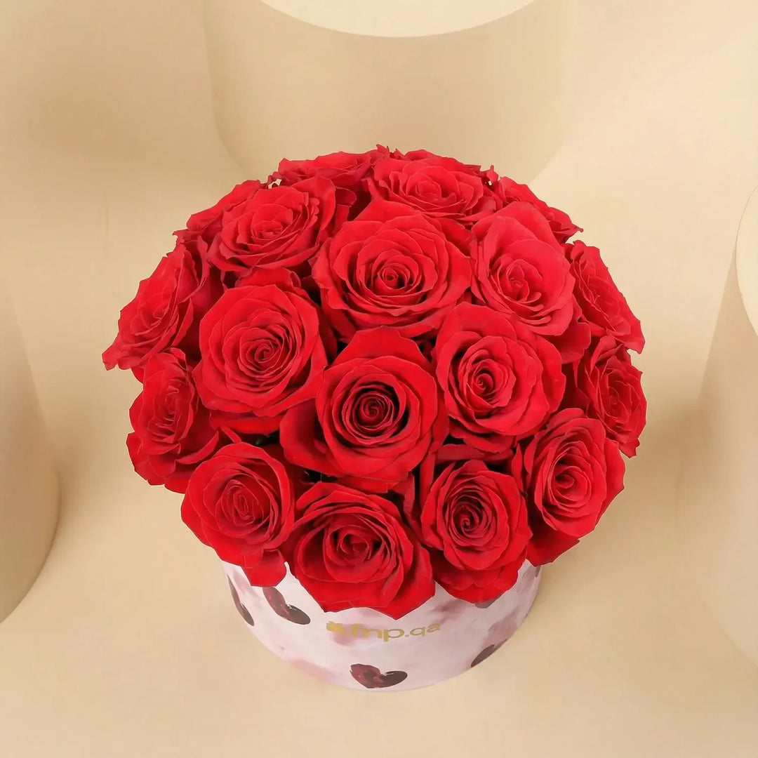 Romantic Red Roses in Heart-Printed Round Box for Valentine's Day