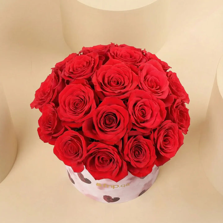 Romantic Red Roses in Heart-Printed Round Box for Valentine's Day
