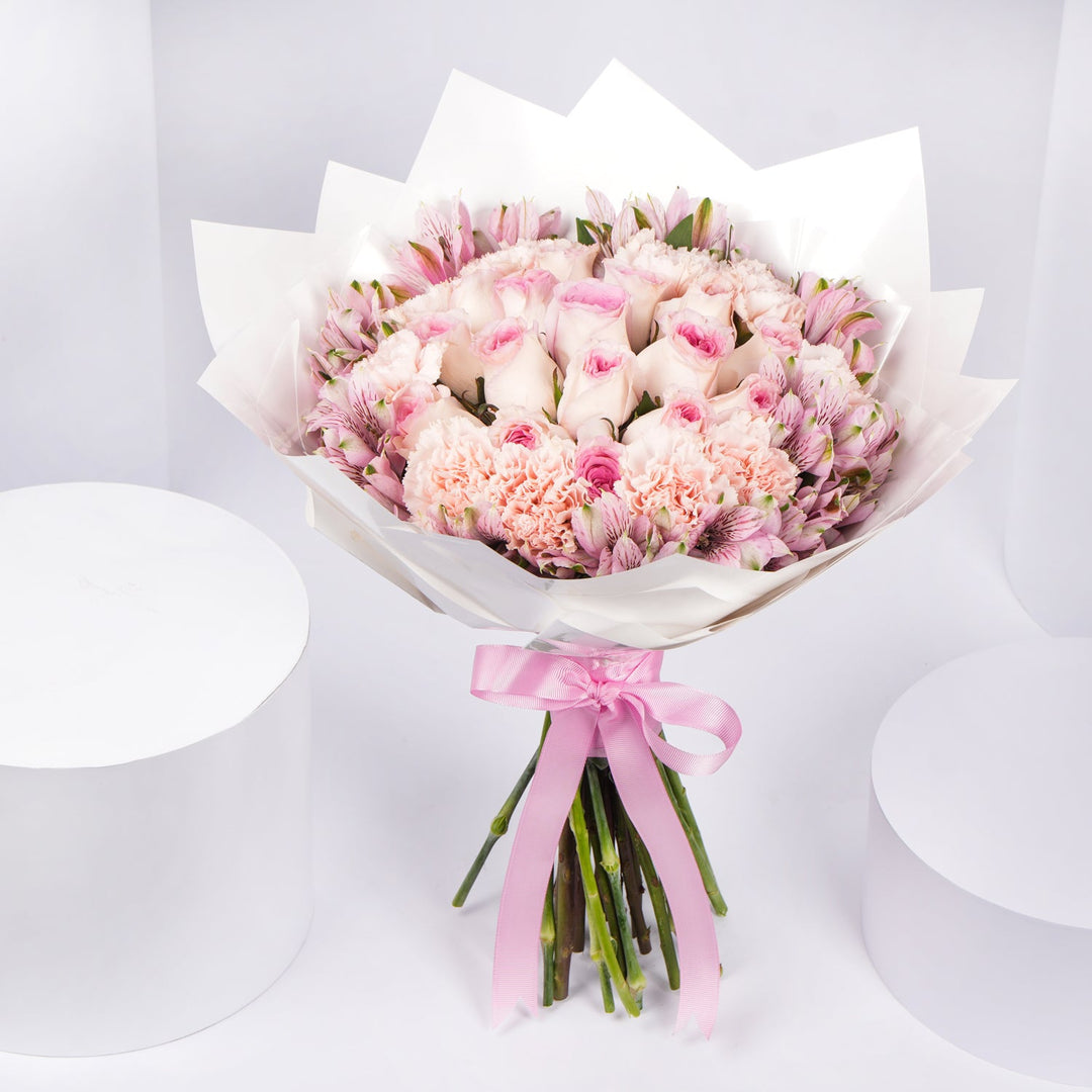 Exquisite Pink Floral Bouquet: Roses, Carnations, and Alstroemeria