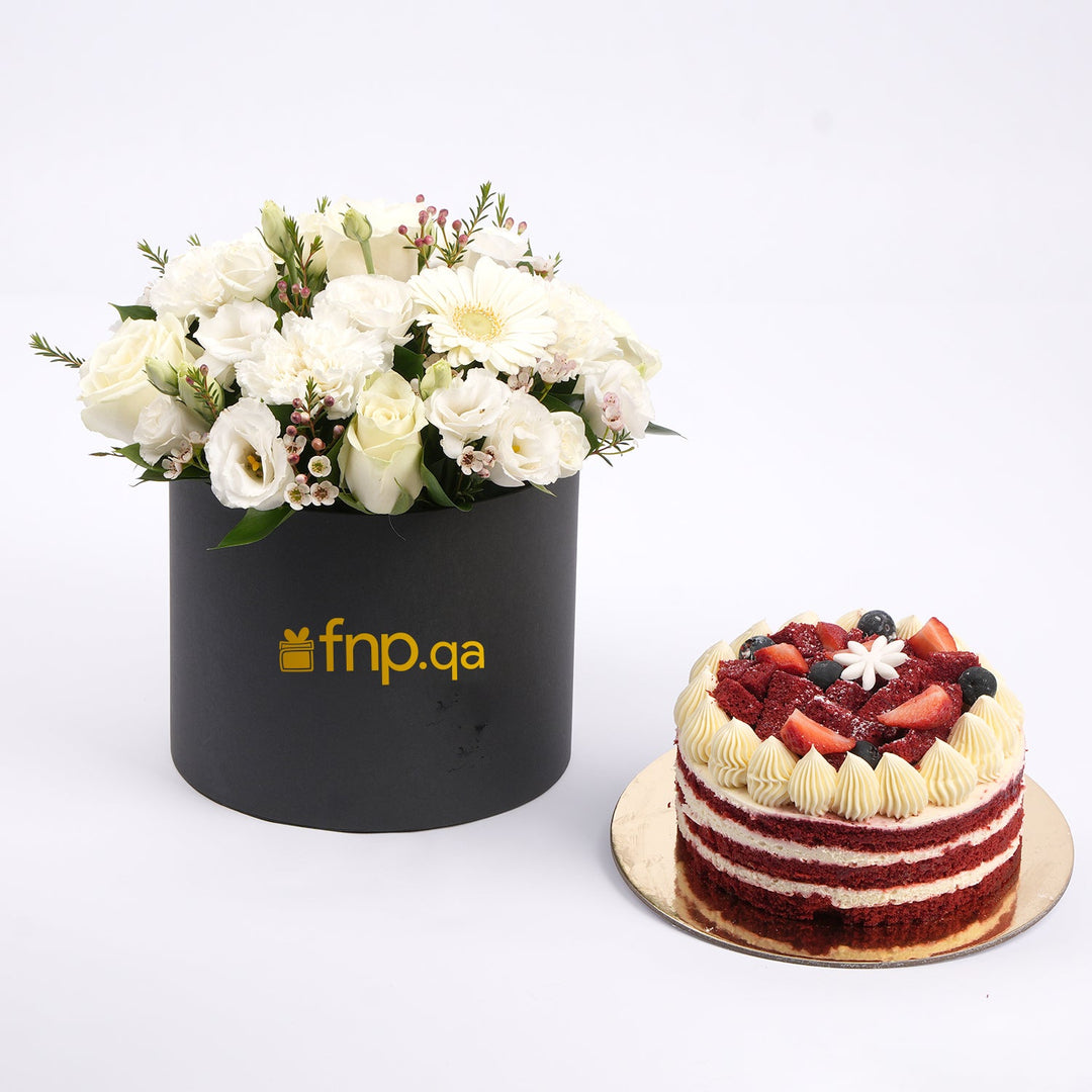 Elegant White Flowers Beauty Box with Delicious Red Velvet Cake