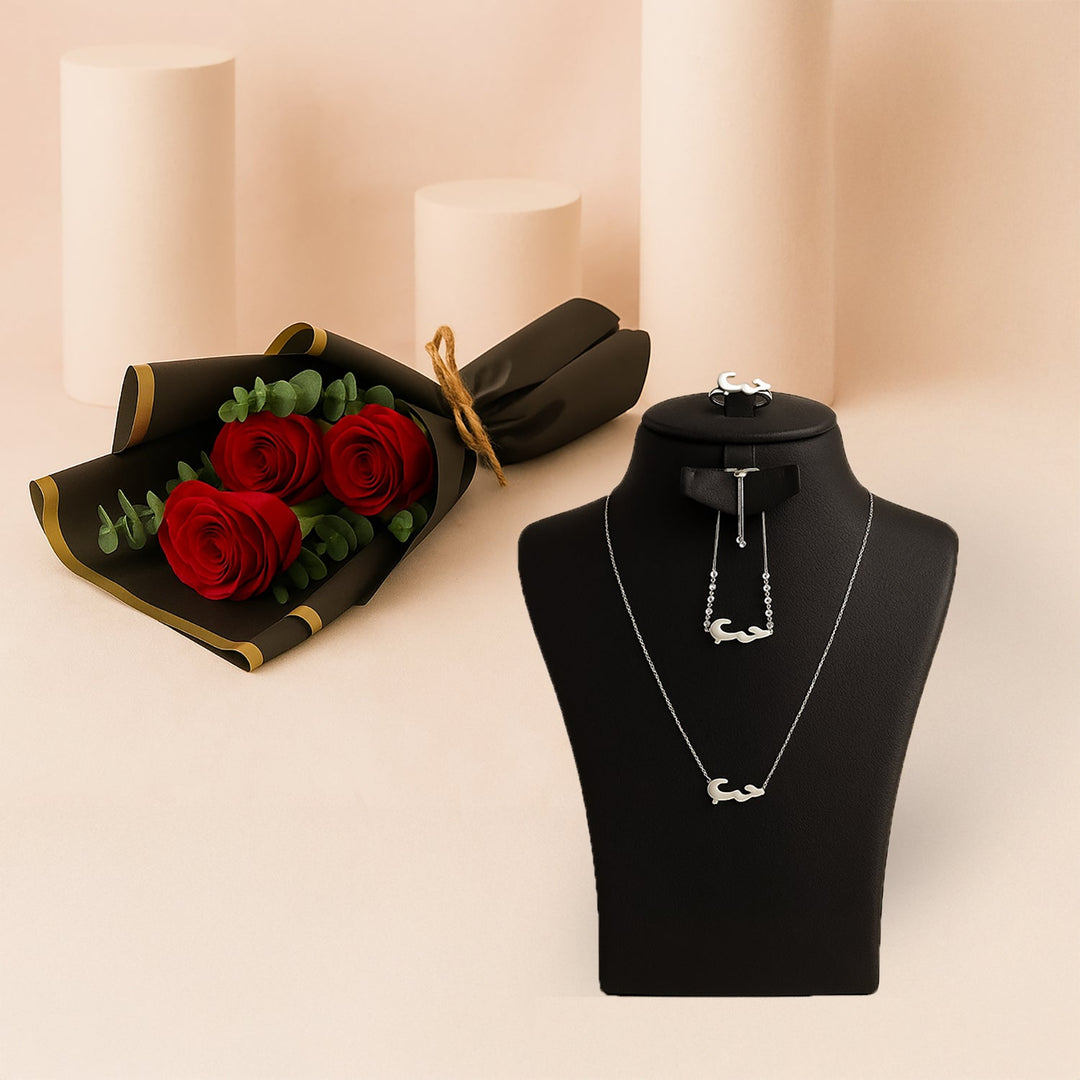 Elegant White Love Necklace Set with Romantic Rose Bouquet