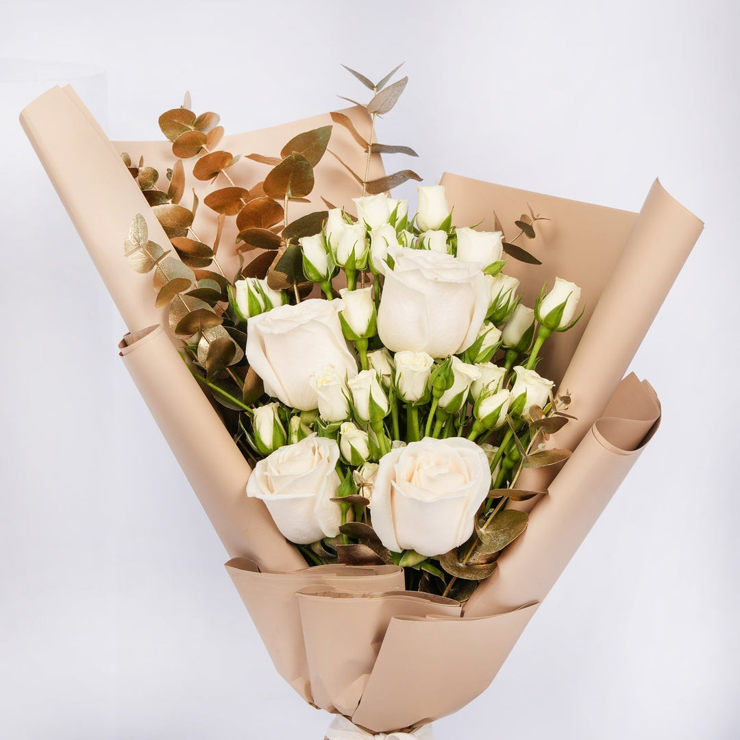 Elegant White Rose Bouquet for Umrah with Eucalyptus and Kaaba Topper