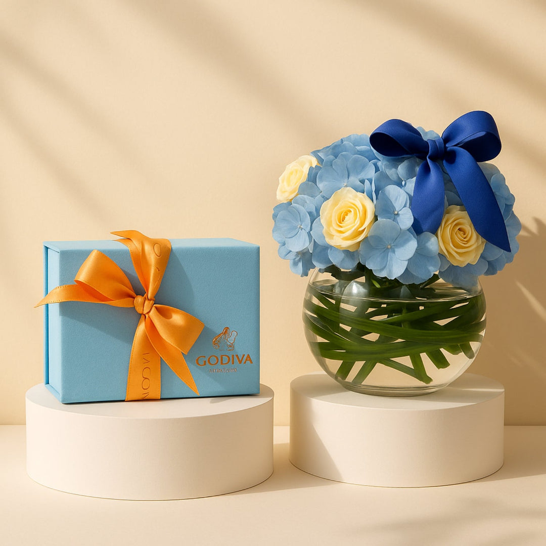 Elegant White Rose and Blue Hydrangea Arrangement with Godiva Chocolate Gift