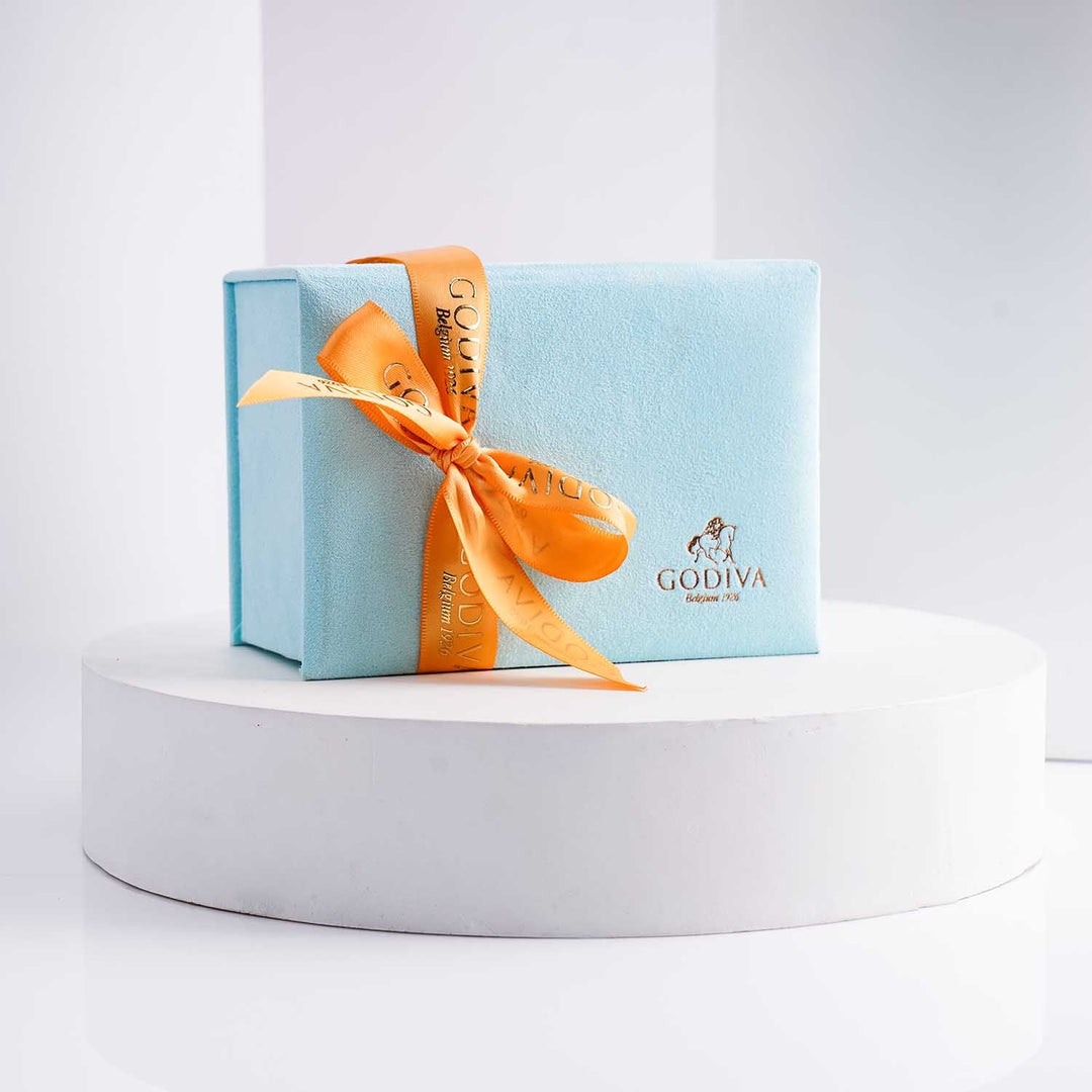 Elegant White Rose and Blue Hydrangea Arrangement with Godiva Chocolate Gift