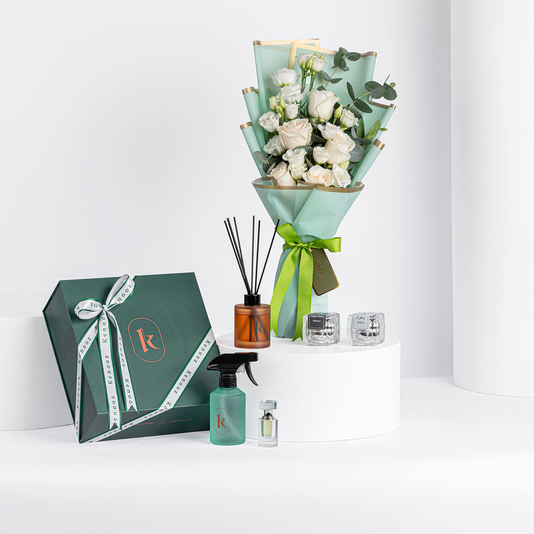Kenooz Premium Gift Box with Elegant White Roses Bouquet