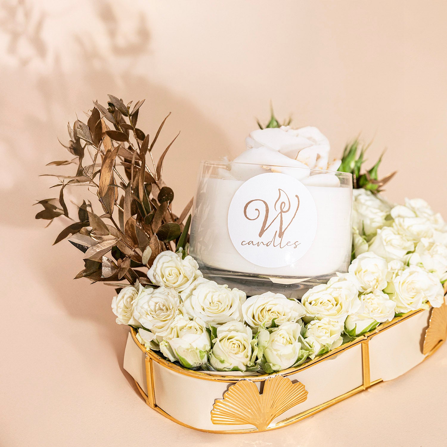 White Scented Flower Candle | Golden Tray