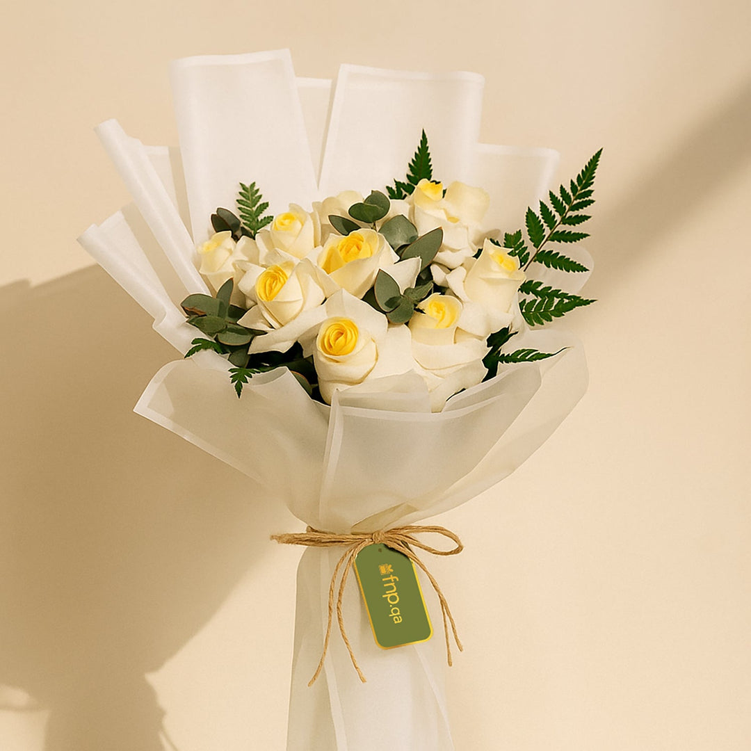 Elegant White and Yellow Rose Bouquet with Eucalyptus and Fern