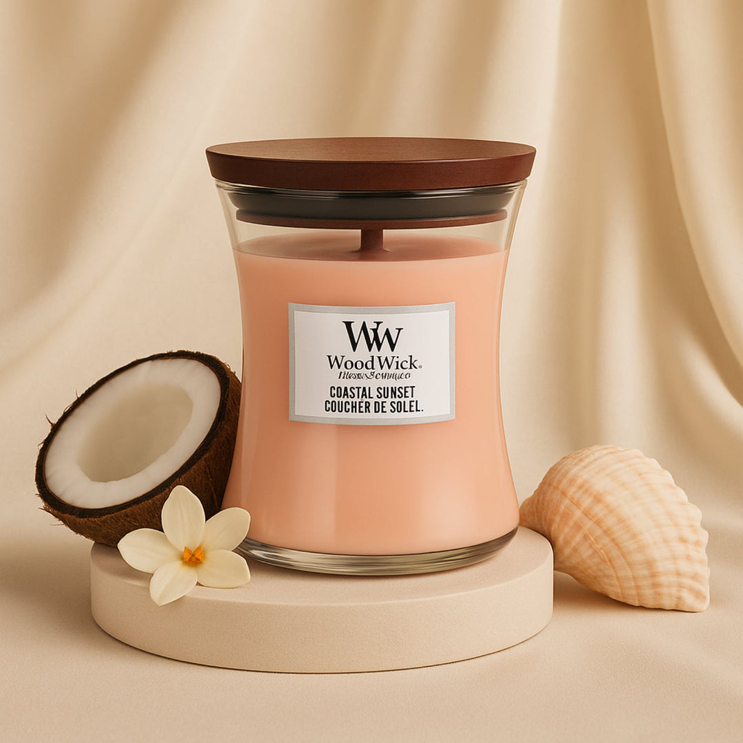 Woodwick Medium Hourglass Candle | Coastal Sunset - A Symphony of Tropical Aromas